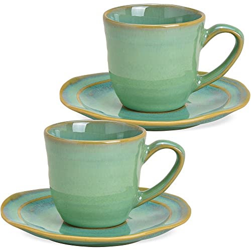 Juego de 2 tazas de café con platillo, color verde en estilo rústico, tazas de café de cerámica excepcionales en 90 ml, modernas tazas de café aptas para lavavajillas y microondas como regalo