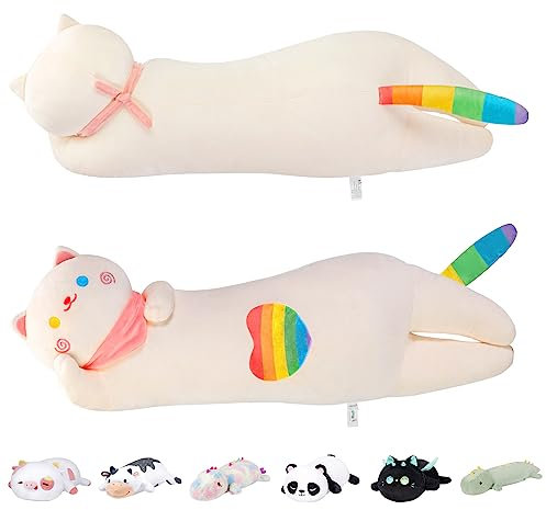 Mewaii Plüschkissen Katze 65 cm Lange Katze Kissen mit Regenbogen,Kawaii Plüschtier Katze für Kinder,Flauschig und Komfort Kuscheltier Katzen Spielzeug