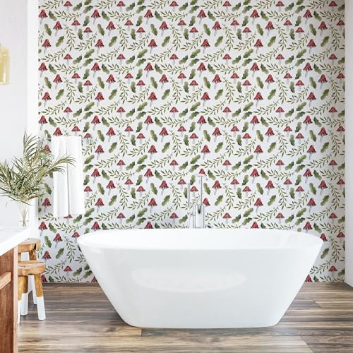 ABAKUHAUS Pilz abziehbare & klebbare Tapete für Zuhause, Blätter Wald Elements, selbstklebendes Wohnzimmer Küchenakzent, 33 cm x 90 cm, Resedagrün Rubin