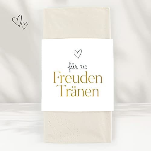 50 Freudentränen Taschentücher Banderolen inkl. Klebepunkte für deine Hochzeit | Herz gold - Premium Tränentaschentücher Banderolen Set für Hochzeit, Kirche, Feier, Taufe, Geburtstag
