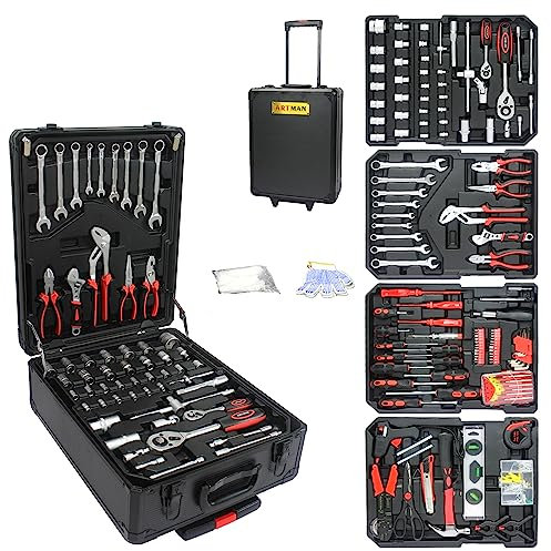 Nifoti 899pcs Rolling Tool Set With Lock - 4 Layer Trolley Case, 90 Piece Kit With 2 Portable Wheels, Wrench Socket Hand Box for Garage Repair (Black)