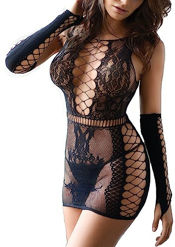 Mini Dress with Net Gloves Fishnet Sets Babydoll for Women, 2 Pcs Tube Dress Set Lingerie Bodysuit Mesh Chemise Stretchy Nightie Sexy Outfits Hollow Out See-Through Free Size UK 4-14 (Black)