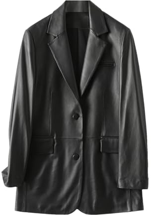 Giacca in pelle di agnello da donna in vera pelle blazer cappotti monopetto tasche giacche di pelle di pecora, Nero , L