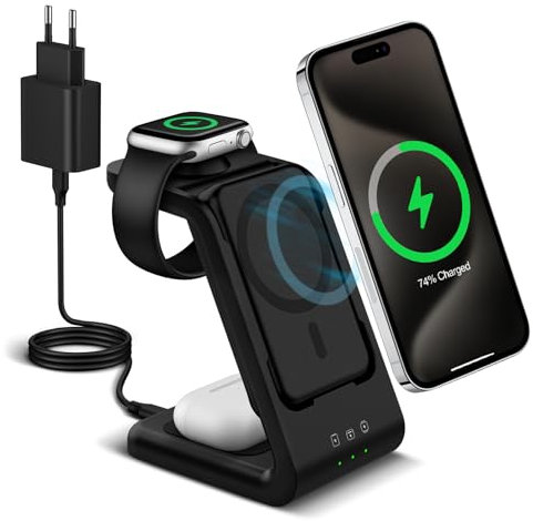 DDUAN 3 in 1 Mag-Safe Ladestation, Wireless Kabelloses Ladegerät Kompatibel für Phone/Watch/Air - pod, 5000mAh Powerbank Induktive Charger, Typ-c Magnetische Ladegerät für 15/14/13/12 Serie