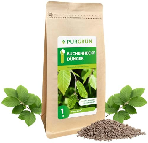 Purgrün® Buchenhecke-Dünger 1 kg – Organisch-mineralische Rezeptur – Feinkörniges Krümelgranulat – NPK 9+4+8 – Extra Magnesium für leuchtend grüne Blätter – Verbessert die Bodenqualität