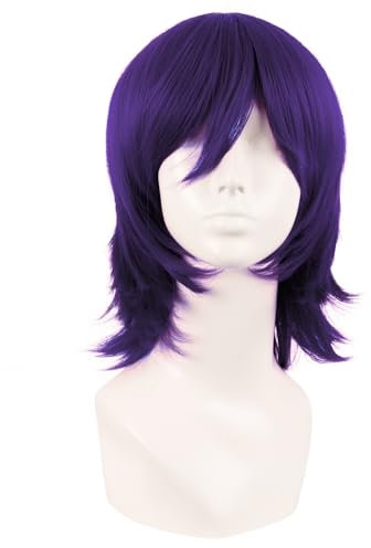 MapofBeauty 14 Zoll/35 cm Kurze Cosplay Anime Perücke Mit Pony Wolf Tail Synthetische Haarfasern für Partys Perücke (Dunkel Lila)