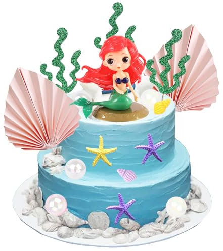 Satiskid Mermaid Cake Topper, Mermaid Starfish Seaweed Seahorse Shell Pearls Birthday Cake Topper Decorations, Under the Sea Mermaid Party Decor, DIY Cake Decoration, Mermaid Theme Party Decoration