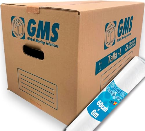 GMS - 10 Cajas Cartón Mudanza 50x30x30cm Talla L de 45L + Burbuja Para Mudanzas y Almacenaje con Asas y Con Burbuja. Cartón Alta Resistencia (10Cajas 50x30x30cm + Burbuja)