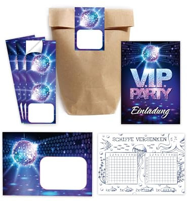 Minkocards 8 Einladungskarten incl. 8 Umschläge zum Geburtstag Hochzeit Jubiläum Kindergeburtstag VIP Disco Jungendliche Erwachsene incl. 8 Umschläge, 8 Tüten/natur, 8 Aufkleber, 8 Schiffe versenken