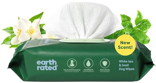 Earth Rated Pet Wipes for Dogs and Cats, Hypoallergenic, 3-in-1 Cleaning, Deodorizing and Hydrating, for Grooming Paws, Body and Bums, New White Tea and Basil Scent, 100 Count