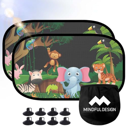 FERRGIA Parasol Coche Bebé,Protección UV,2 Piezas 51x31cm,con 8 Ventosas y Bolsa de Almacenamiento,Cortinillas de Coche con Diseño de Animales,Fácil Instalación,Eliminar sin Dejar Residuos.