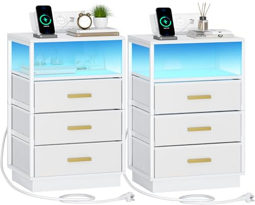 Hzuaneri Nachttisch 2er Set, Nachttische mit 2 AC-Steckdosen und 2 USB-Anschlüsse, LED-Beleuchtung, Beistelltisch mit 3 Stoffschubladen und Offenes Fach, für Schlafzimmer, Wohnzimmer, Weiß NS63303W