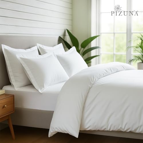 Pizuna Pure Combed Cotton Bedding Sets King Size 600 Thread Count White | 100% Long Staple Cotton Soft Sateen Duvet Cover 2 Pillow Cases & 40 Cm Deep Fitted Sheet - King