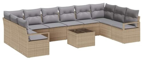 vidaXL 11-teiliges Garten-Sofaset mit Kissen in Beige und Hellgrau aus Poly-Rattan. Bietet Platz für acht. Modulares Design für draußen. Gepolsterter Komfort. Wetterfeste Möbel im modernen Stil.
