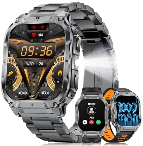 FitVigor Smartwatch Herren Militär-1000mAh/2'' HD Große Display/LED-Licht,3 Armbändern/Fitnessuhrmit Taschenlampe/120+ Sportmodi,Fitnessuhr mit Herzfrequenz/Schlafmonitor,für Android iOS, Schwarz