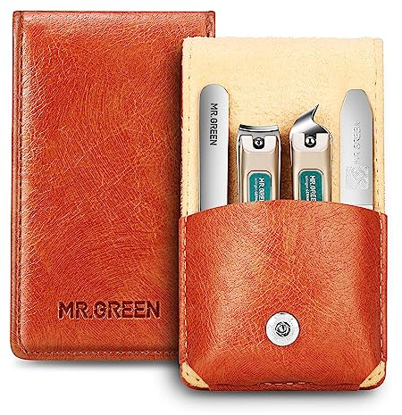 MR.GREEN 4-Piece Nail Clipper Set with Premium Leather Case – Stainless Steel Manicure Kit Includes Fingernail Clipper, Toenail Clipper, Tweezers & Nail File for Travel & Home & Gifting