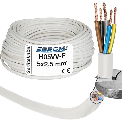 EBROM Câble de raccordement pour cuisinière, câble de raccordement de cuisinière, H05VV-F 5G2,5 mm² – 5 x 2,5 mm² – Blanc, plusieurs longueurs de 5 à 50 mètres en une seule pièce – Longueur
