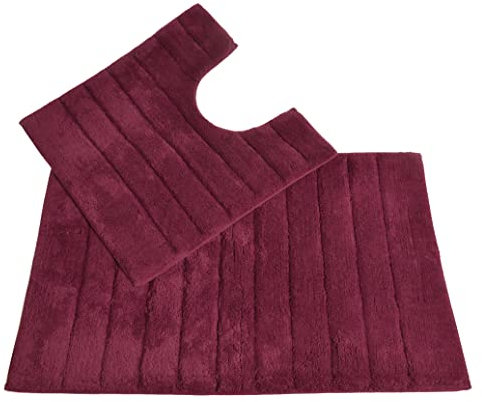 Allure Ribbed Design 2 Piece Bath and Pedestal Toilet Mat Set, 100% Cotton (Beetroot)