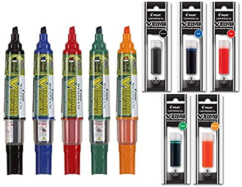 Refillable Dry Erase Markers, Pilot BeGreen V Board Master Assorted Colors, 5-Pack With 1 Refill For Each Marker