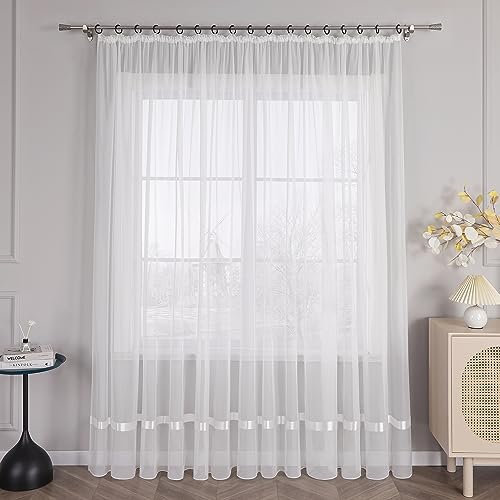 HongYa Stores Voile Gardine Schal Transparenter Vorhang mit Satinband Kräuselband H/B 225/450 cm Weiß