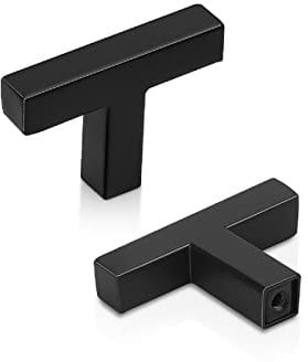 PinLin 10 Pack Kitchen Door Knobs Single Hole Flat Black Cabinet T Knobs Stainless Steel Square Cupboard Knobs (Screws Included)