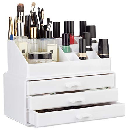 Relaxdays 1 x Make Up Organizer klein, 2-teilige Schminkaufbewahrung mit 3 Schubladen, stapelbares Kosmetikregal, weiß