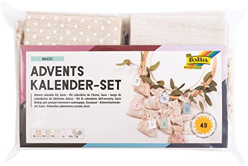 folia 64121 - Adventskalender Set, Basic mit Motivdruck, ca. 10 x 13 cm, 24 naturfarbene Stoffbeutel, aus Baumwolle und Polyester, inklusive Anhänger und Garn