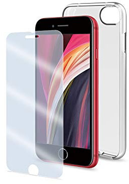 Celly Pack Antibatterico custodia e proteggi schermo per iPhone SE 2020, protezione contro germi e batteri, cover trasparente in silicone TPU e pellicola protettiva in vetro temperato 9H