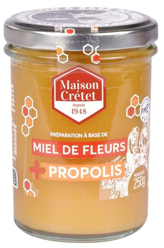 Maison Crétet | Miel de Fleurs et Propolis | Extrait dense de propolis | 1 Pot verre | préparation en pot de 250G