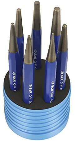 S&R Center + Drift Punch Set - Includes Center Punch (4mm) and 6 Drift Punches (1/2/3/4/5/6mm) in Practical Storage Box