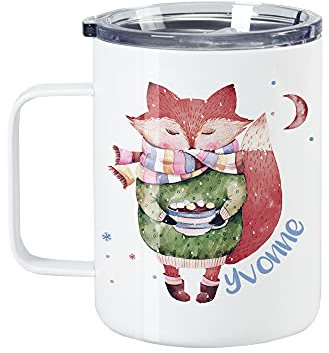 GRAZDesign Thermobecher mit Deckel, mit Henkel, Thermotasse Kaffee To Go, personalisiert mit Namen, Fuchs, Wanderbecher, Becher für Camper Garten Büro Edelstahl 350ml