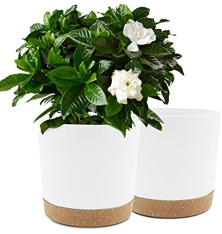 QCQHDU 25.4cm Plant Pot, 2 Pack Planters for Indoor Plants with Drainage Holes & Saucer, Outdoor Flower Pots Home Garden Modern Decor (White, 25.4cm)