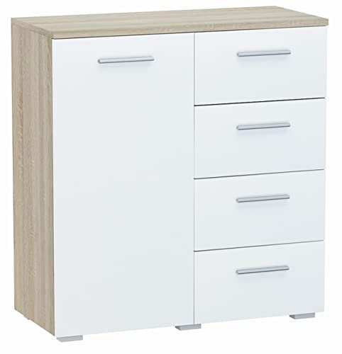 MATKAM Kommode Helena B80 x H84,5 x T35 cm, Sideboard mit 4 Schubladen und 1 Fächer mit Türen, ideal für Büro, Diele, Wohnzimmer, Jugend- oder Kinderzimmer (Sonoma Eiche – Front in weiß)