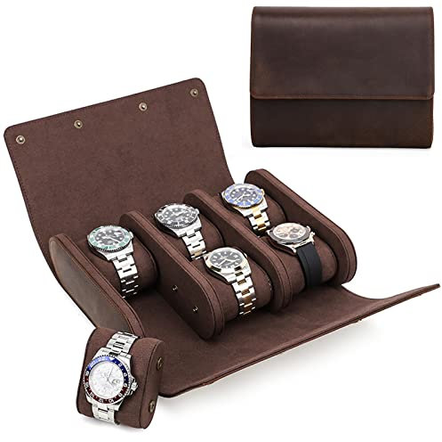 QANXGOG 6 Slots Uhrenbox, Echtleder, Vintage-Optik, Schmucksache Speicherkasten Uhrenbox Uhrenrolle Reisetasche Vintage Uhrengehäuse für Männer Und Frauen (Braun)
