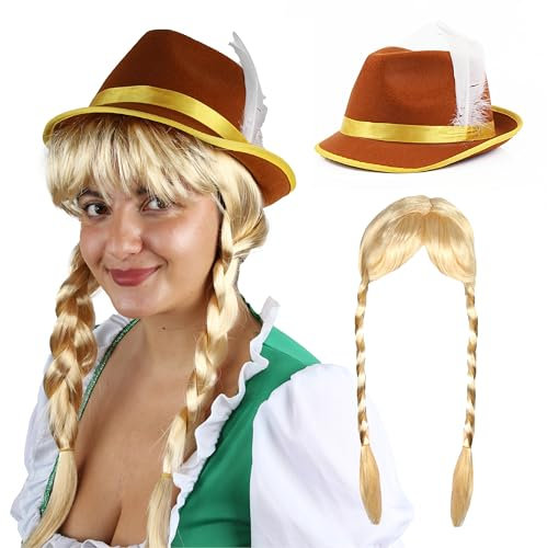 Damen Oktoberfest Bayerische Perücke und Hut Set - Braun & Gelb Bayerischer Hut und Blond Zopf Perücke - Erwachsene Oktoberfest Fasching Zubehör Set