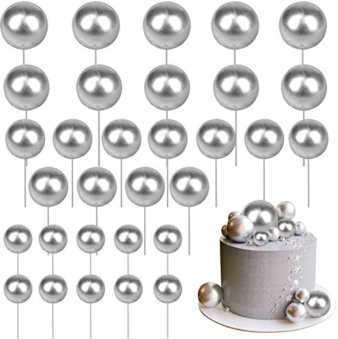 Xsstarmi 30 Pack Mini Balloon Cake Topper Glitter Foam Ball Cupcake Picks Faux Pearl Diy Balls Cake Decorations for Kids Birthday Wedding Baby Shower Anniversay Party Supplies Silver