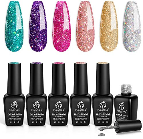 Beetles Glitzer Gel Nagellack Set - 6 Farben Rosa Silber Platin Gel Polish Nail Kit UV LED Nagellampe Glitzer Lila Rosa Grün Gold Nagelkunst Design für Anfänger Nail Art DIY Home
