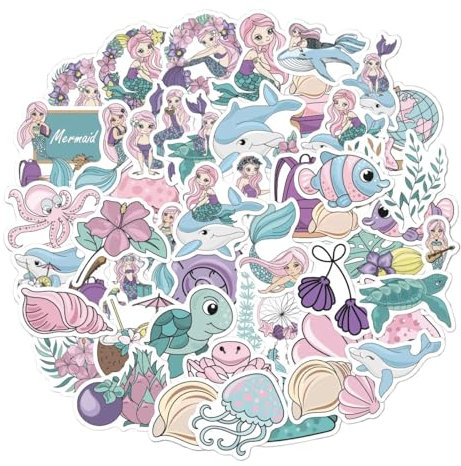 HNTR® Mermaid Stickers | 50 Pastel Mermaid & Ocean-Themed Decals | Cute Vinyl Stickers for Laptops, Water Bottles, Scrapbooks & Journals | Waterproof & Durable