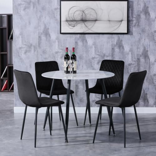GOLDFAN Table Rond à Manger avec 4 Chaises,Ensemble Table Marbre et 4 Chaises,Table de Verre et Chaises pour Cuisine Bureau,Blanc Marbre&&Noir