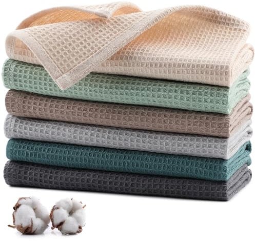 Jogoico Tea Towels 100% Cotton 6 PCS Highly Absorbent Soft Dish Cloths 35 x 35 cm Kitchen Dish Towels Quick Drying Kitchen Cloths Waffle Hand Towels for Kitchen Cleaning - Multi Color