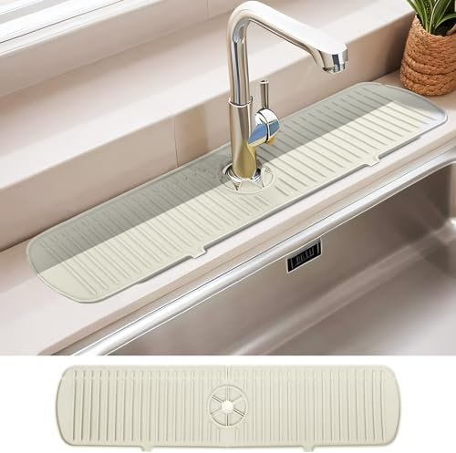 Guittly Wasserhahn Spüle Spritzschutz, Silikon abtropfmatte spüle, Spritzschutz für Küche Badezimmer Thekenspüle trocken (61x14.5cm,Grau Weiß)