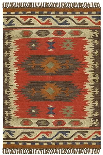 CASAVANI Wendbarer Kelim-Teppich, 5 x 7,6 cm, rot, mehrfarbig, Wolle und Jute, handgewebt, für drinnen und draußen, Flachgewebe, für hohe Verkehrsbereiche, Seehaus, Schlafzimmer, Esszimmer, Wohnzimmer