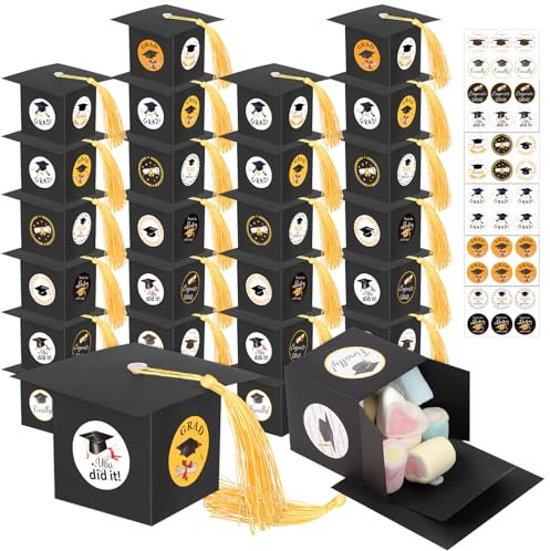 Livdouyu 30 Stück Abitur 2025 Geschenke, Abschluss Deko Geschenkbox mit 5 Aufkleber, Doktorhut Bachelor Hut Graduation Hat für Abschlussfeiern Verpacken Süßigkeiten