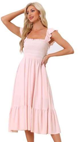 Allegra K Robe d'été smockée pour Femme Causal Square Neck Boho sans Manches à Volants Robe mi-Longue à Volants Rose S