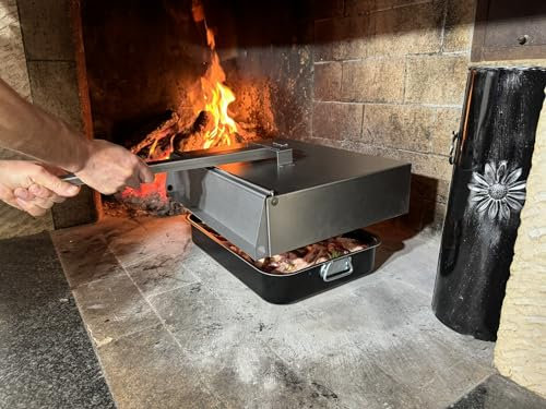 Coppo rettangolare con sportello 45x35x H 13 cm per camino per cottura alla brace in Ferro completo di manico MADE IN ITALY