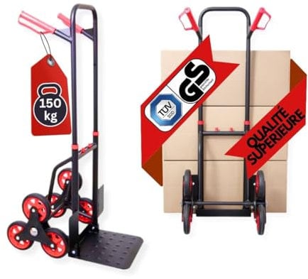 PROREGAL Diable Pro pour escaliers Taurus | HxLxP 110x45x61 cm | Capacité de Charge 150kg | Acier| TPR- Roues Caoutchouc| Rouge-Noir