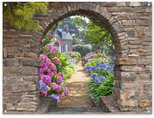 MuchoWow© Gartenposter Groß 120x90 cm XXL Outdoor Bilder Gartendeko für draußen Wetterfest Garten Sichtschutz Zaun Deko Banner Draußen Bild Blumen - Fensterblick - Hortensie - Sommer