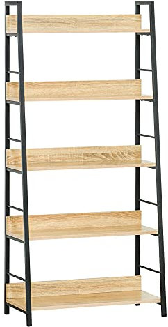 HOMCOM Estantería Librería de 5 Niveles Estantería de Salón Estantería para Libros con Marco de Metal Carga 25 kg para Oficina Estudio 70x35x149,5 cm Natural
