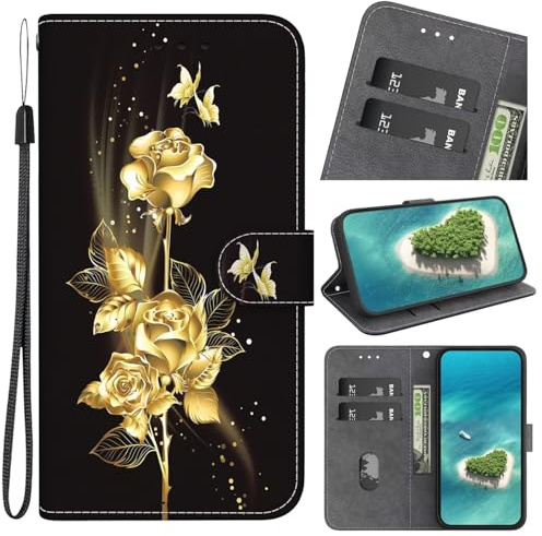 FERLAN Handyhülle Kompatibel mit LG Velvet/LG G9 4G/LG G9 5G Hülle, Leder Schutzhülle Brieftasche Hülle Flip Case 3D Muster Cover mit Kartenfach Magnet Tasche Handyhüllen,Goldene Schmetterlingsrose