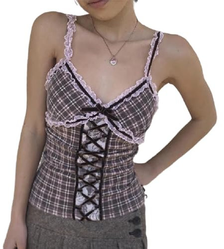 SUSHRUTA Y2K Lace Patchwork Plaid Print Tank Top Fashion V-Neck Slip Crop Tops Aesthetic Bandage Backless Camisole,Brown,S